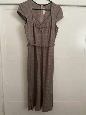 Stop Staring Brown Plaid Cap-Sleeve dress with Belt